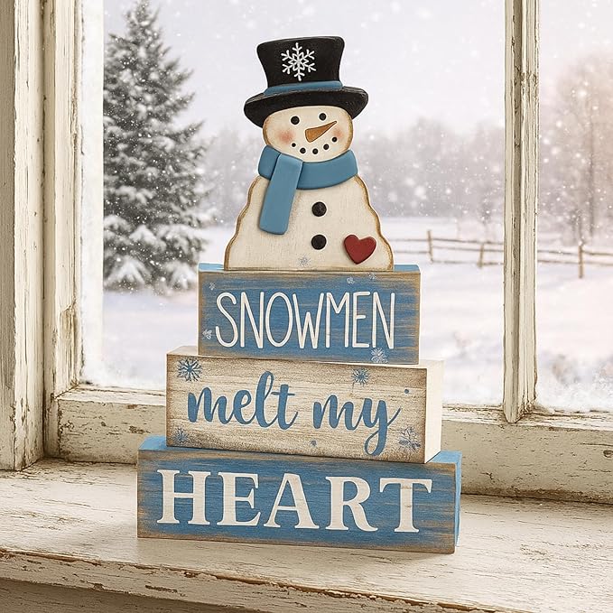 4 Pcs Winter Table Decorations Blue and White Snowman Decor Winter Tiered Tray Decor Christmas Table Centerpiece Rustic Decorative Snowmen Block Signs Gift Farmhouse for Home Kitchen Shelf