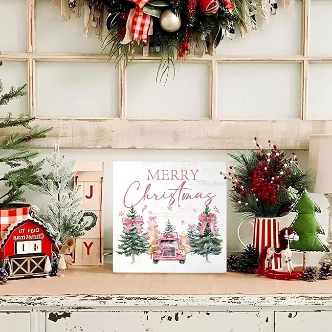 Mtrgdn Pink Merry Christmas Decor Sign,Christmas Pink Bow Truck Tree Box Signs,Winter Xmas Decorations for Home Bathroom Bedroom Office Table Desk Shelf Wall,Xmas Gifts for Women Girls Friends,5x5 Inch