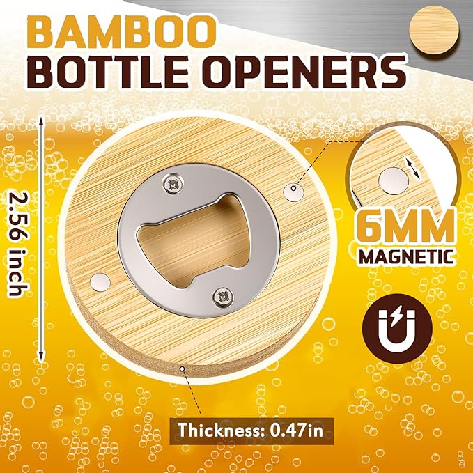 Vesici 70 Pcs Magnetic Bottle Opener 2.5in DIY Bamboo Round Shape Beer Openers Wooden Fridge Magnet Refrigerator Sticker Gift for Beer Lover Wedding Guest Kitchens Bars Parties