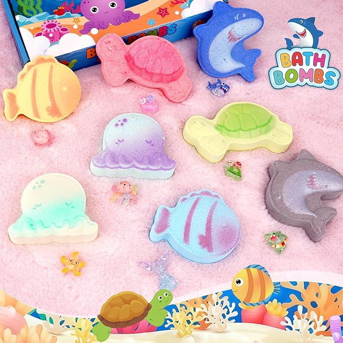Sea Animal Bath Bombs for Kids with Surprise Inside, 8PCS Organic Essential Oil Shark Octopus Turtle Fish Bubble Bath Bombs for Kids，Birthday Gift for 3-8 Boys,Girls Ocean Party