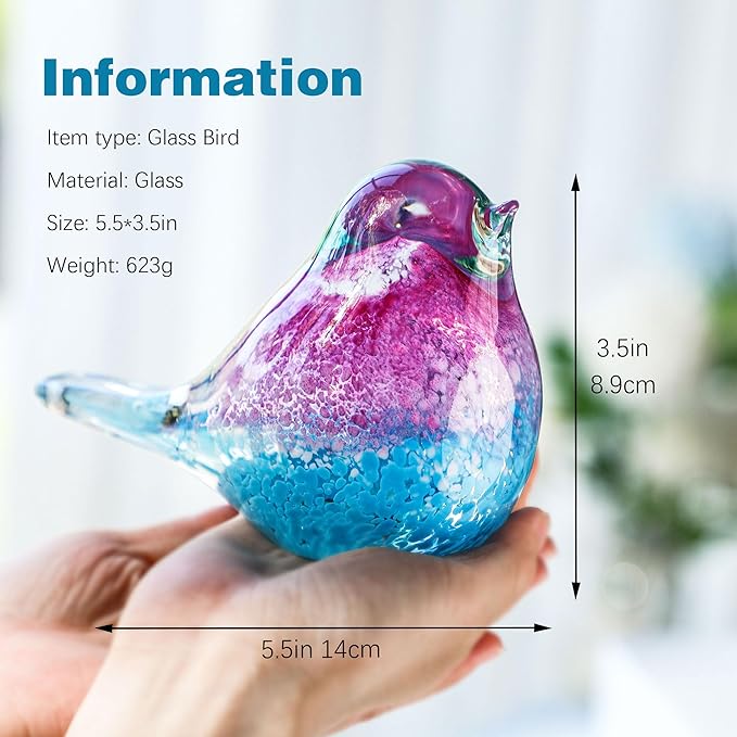 5.5" Hand Blown Glass Blue Bird Figurine Glass Pink and Blue Birds of Happiness Statue Crystal Animal Sculpture Decorative Ornaments for Home Decoration,Birthday Present,Women Gift for Christmas
