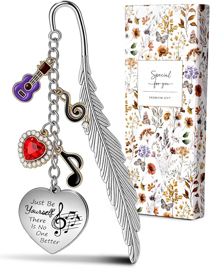 Buleens Bookmarks for Women Reading - Book Marks for Readers Book Lovers, Feather Music Guitar Purple Personalized Metal Bookmark with Pendants, Pretty and Aesthetic Book Accessories Reading Gifts