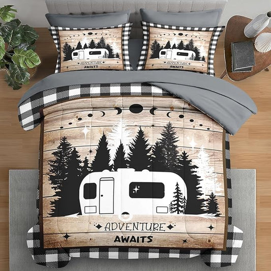 Comforter Set Full Size, Camping Camper Rv 7 Pcs Bedding for Kids and Adults, Car Family Bed Sheet Sets with Fitted Sheet 2 Pillowcases & 2 Shams for Bedroom Bed Decor