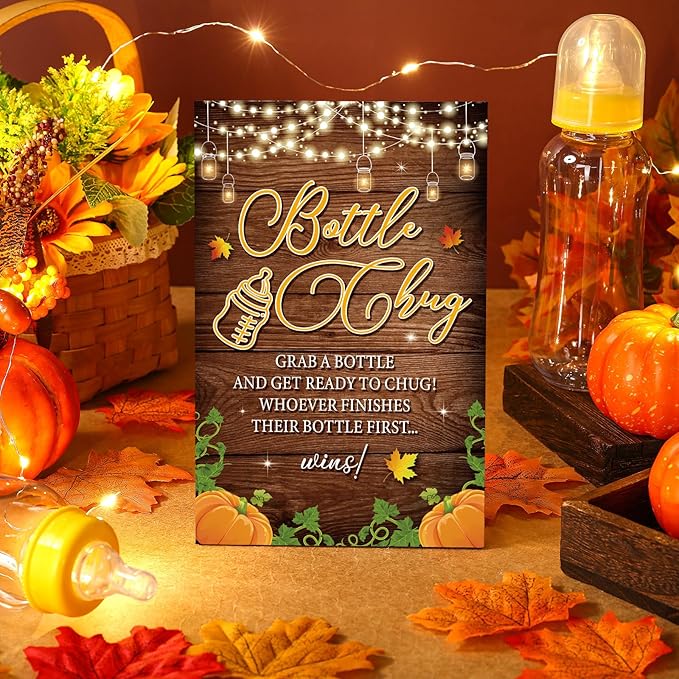 TrelaCo Cool Baby Shower Games Wooden Bottle Chug Sign Fall Pumpkin Gift Set and 12 Pcs Baby Bottle Shower Favor for Thanksgiving Decor Game