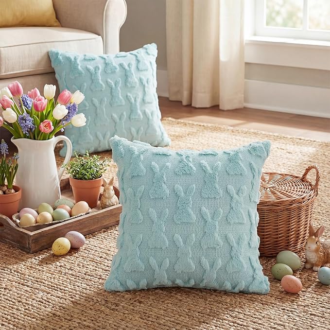 AVOIN colorlife Easter Rabbits Blue Throw Pillow Covers, 18 x 18 Inch Bunny Soft Plush Faux Fur Jacquard Cushion Case Decoration for Sofa Couch Set of 2