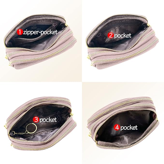 LINNO 3 Zippered Genuine Leather Coin Purse Triple Capacity Change Pouch Little Travel Wallet With Key Ring for Women
