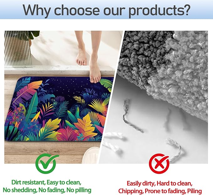 Tropical Colorful Leaves Bathroom Rug 29.5"x17", Super Absorbent Fast Drying Bath Mat with Non-Slip Rubber Backing, Thin Low-Profile Easy-Clean Bathroom Floor Mat for Shower or Tub