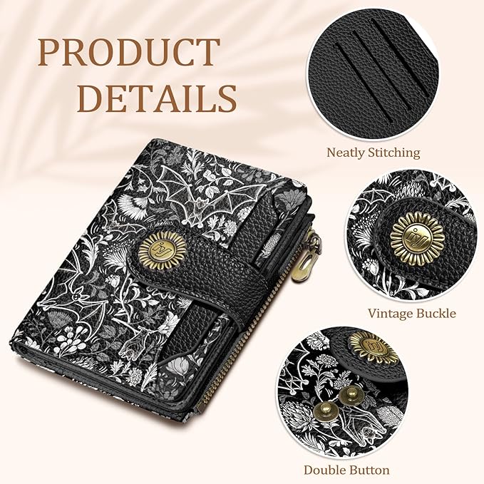 Goth Gothic Bat Small Wallet Women RFID Blocking Bifold, Credit Card Holder, Zipper Coin Pocket, PU Leather, Funny, Compact, Travel, 4 ID Window, 14 Card Slots, Cash Purse, Ladies Woman Female