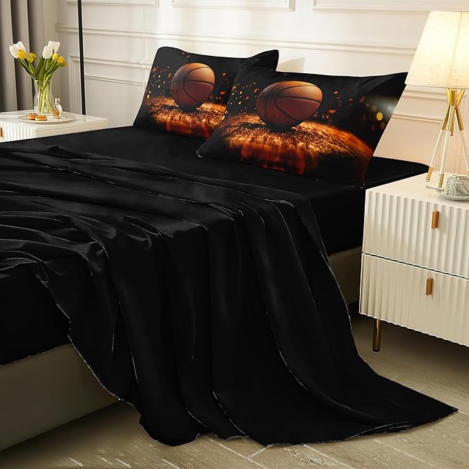 Helloosun 5PCS Basketball Bedding Full,Boys Sports Comforter Set,Full Basketball Comforter for Boys,Red and Black Court Bed Set