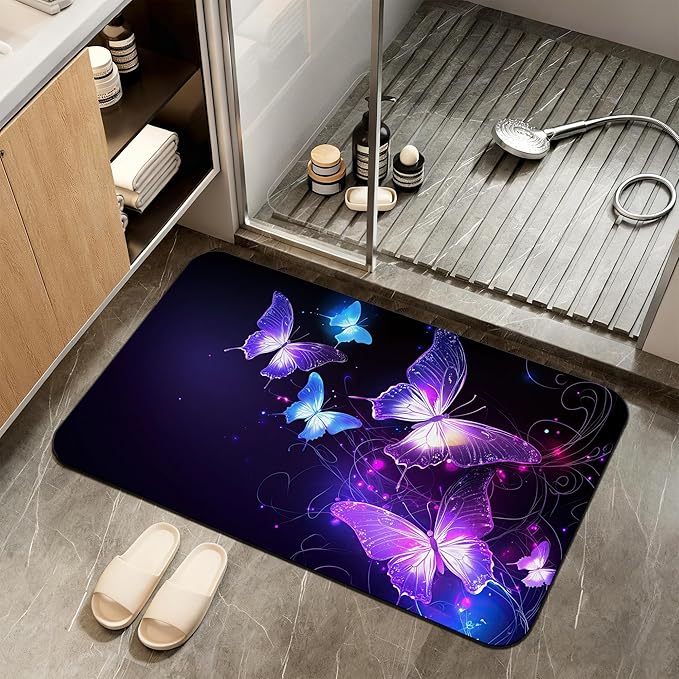 Diatomaceous Earth Bath Mat,Flying Butterflies Bath Rugs,Glowing Stars Non-Slip Thin Absorbent Fast Drying Easy to Clean for Bathroom Laundry Home Kitchen Door Mat 17x29.5Inch