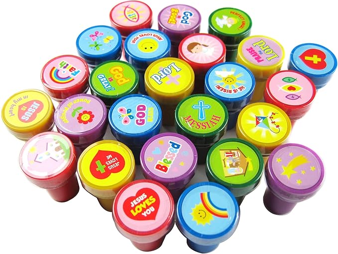 TINYMILLS 50 Pcs Religious Stampers for Kids – Assorted Christian Self Inking Stamps, Religious Prizes, Carnival Prizes, Vacation Bible School VBS, Sunday School & Church Event Giveaways