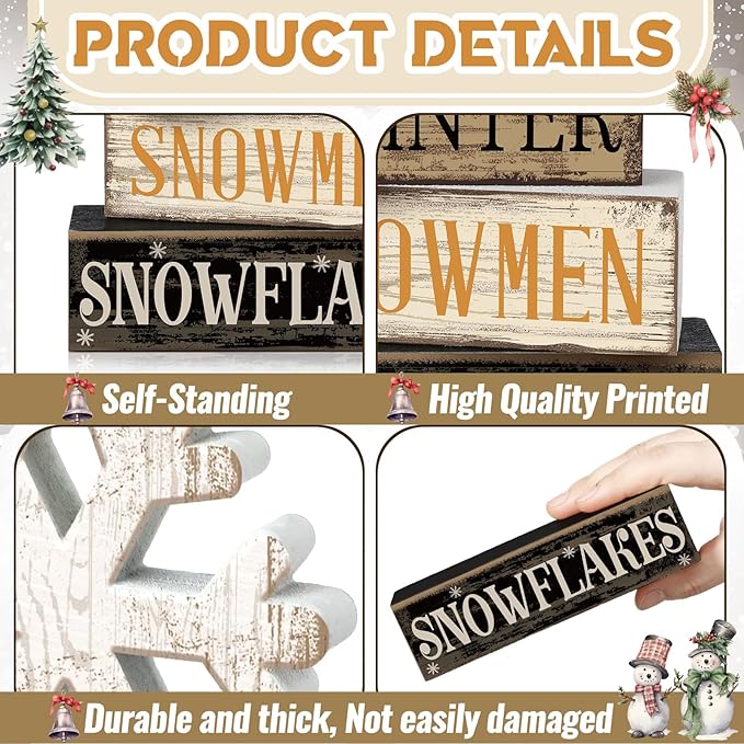 4 Pcs Winter Table Decorations Wooden Snowflake Decor Christmas Tiered Tray Decor Rustic Snow Block Signs Gift Farmhouse Christmas Centerpiece for Winter Wonderland Party Kitchen Shelf Home