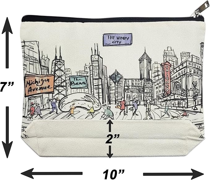 Cities Around the World Artwork Cosmetic Bag Series – Designed in USA, Travel Makeup Bag with Zipper, Souvenir Gift for Women, Artwork Organizer for Purse or Toiletry (Chicago)