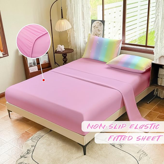 Rainbow Bedding Set Full Size – 5 Piece Reversible Girls Comforter with Deep-Pocket Sheet, Gradient Galaxy Design, Whole-Piece Filling, Machine Washable Bed-in-a-Bag for Kids Room Makeover & Gifts