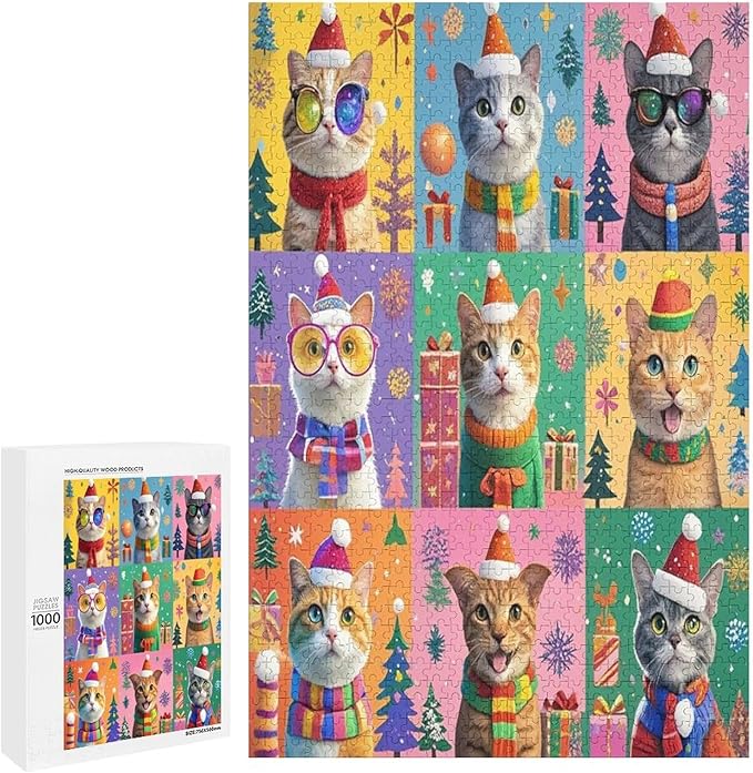 Wooden Puzzle 1000 Pieces Adult - Christmas Dog Cat Puzzle Christmas Puzzles, Holiday Puzzles, Family Toys, Party Games, Jigsaw Puzzle Challenge and Funny