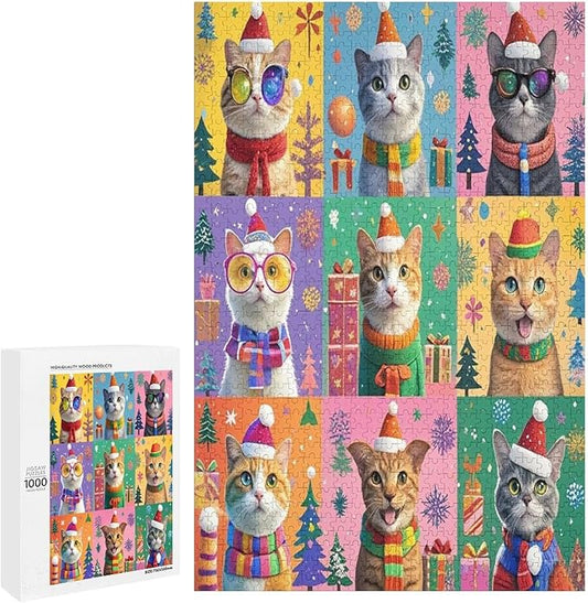 Wooden Puzzle 1000 Pieces Adult - Christmas Dog Cat Puzzle Christmas Puzzles, Holiday Puzzles, Family Toys, Party Games, Jigsaw Puzzle Challenge and Funny