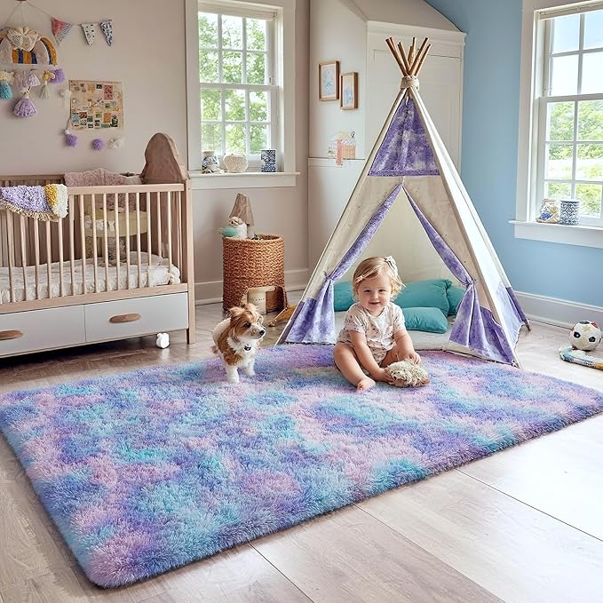 Ophanie Rainbow Purple Rug for Bedroom Girls, Kids Fluffy Kawaii Fuzzy Furry Shag Area Rug, Cute Plush Soft Shaggy Bedside Indoor Floor 4x6 Carpet for Teen Nursery Dorm Home Room Decor Aesthetic