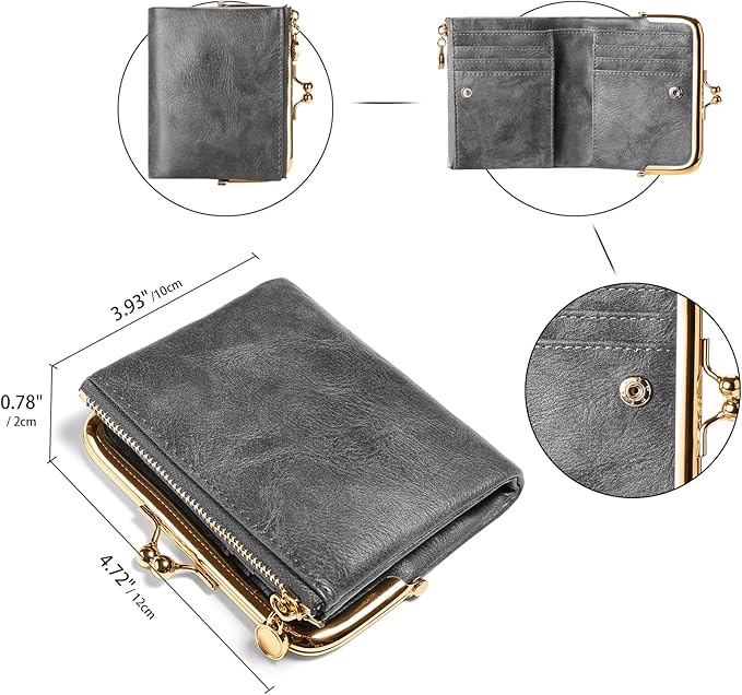 Wallet Women Small RFID Blocking Bifold Leather Wallets for Women Vintage Coin Purse With Zipper and Kiss Lock