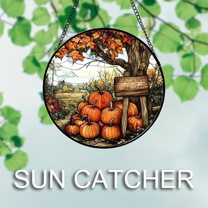 Stained Glass Window Hanging Fall Farm Scenery Maple Trees Pumpkin Large 11.8" - Suncatcher Door Garden Kitchen Sun Catcher Autumn Decor Birthday for Mom Nana Men Woman Friend