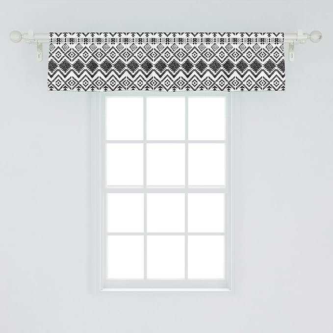 Ambesonne Tribal Window Valance, Black and White Hand-Drawn Tribal Sketched Mexican Aztec and Zigzags, Curtain Valance for Kitchen Bedroom Decor with Rod Pocket, 54" X 12", Dark Grey
