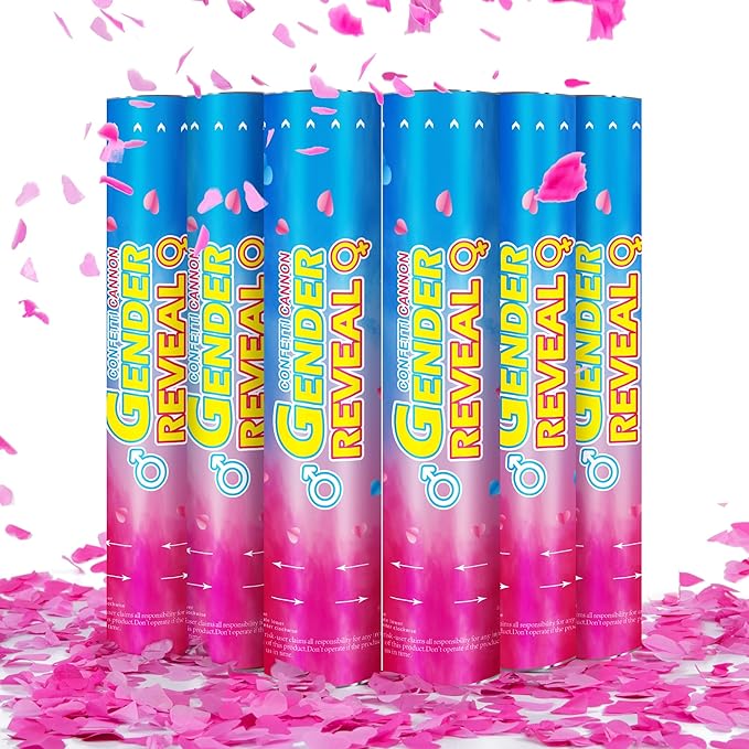 Gender Reveal Confetti Cannons – 6 Pack Pink Party Poppers – Baby Girl Gender Reveal Cannon Kit with Heart-Shaped Confetti – Easy Twist Shooters for Baby Reveal Party Decorations (Pink)