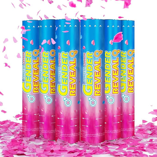 Gender Reveal Confetti Cannons – 6 Pack Pink Party Poppers – Baby Girl Gender Reveal Cannon Kit with Heart-Shaped Confetti – Easy Twist Shooters for Baby Reveal Party Decorations (Pink)
