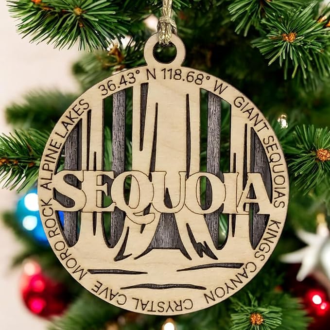 Sequoia National Park Rustic 3" Wood Ornament - Handmade in USA, Laser Cut Christmas Decoration with Forest Scene
