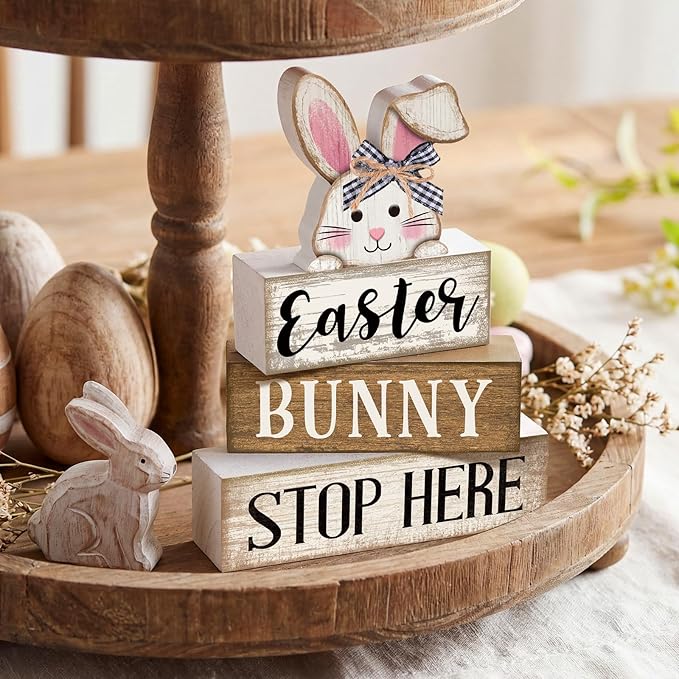 4 Pcs Easter Table Decoration Wooden Rabbit Easter Tiered Tray Decor Cute Bunny Centerpiece Rustic Wooden Bunny Block Sign Farmhouse Holy Week Party Decoration for Home Kitchen Shelf