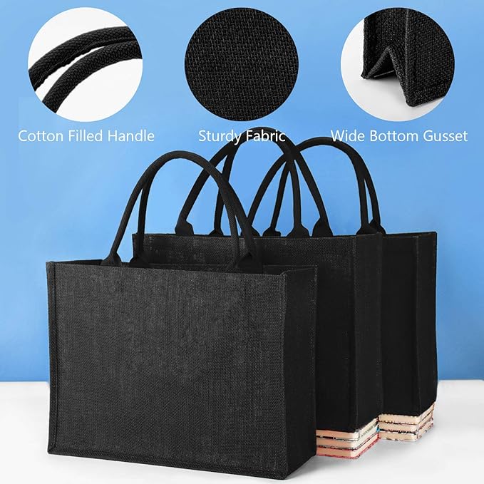 Segarty Tote Bags, 3 Pack Large Black Burlap Jute Reusable Canvas Gift Favors Bag with Handles Blank Tote Bulk for Bridesmaid Wedding, Women Market Grocery Shopping, Bachelorette Party, Beach Trip