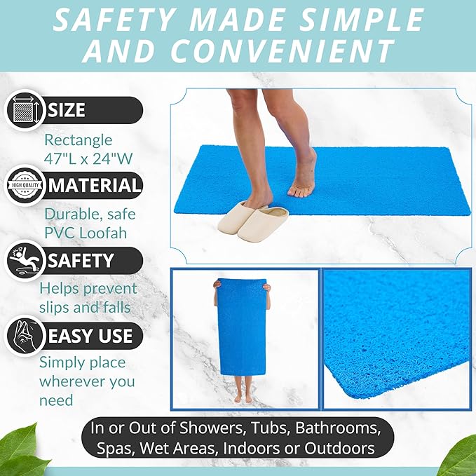 Anti Slip Shower Mat - Non Slip Shower Mats for Inside Shower - Large 47x24 Loofah Shower Floor Mat Non Slip - Bath Mat for Shower - Secure Mat Without Suction Cups (47x24 Blue)