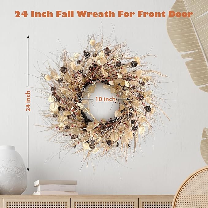 Fall Wreath for Front Door 24 Inch Fall Door Wreaths, Large Autumn Wreath with Berry Pinecones and Raffia, Grapevine Decor for Door Wall Window Home and Halloween Christmas Thanksgiving Decoration