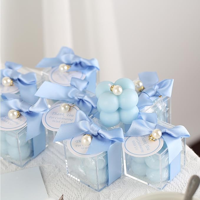 ACITHGL 30 Sets Fully Assembled Small Bubble Candle Party Favors for Guests Bulk Bridal Showers Favors Candles with Stylish Ribbons Thank You Cards Gifts (Blue)