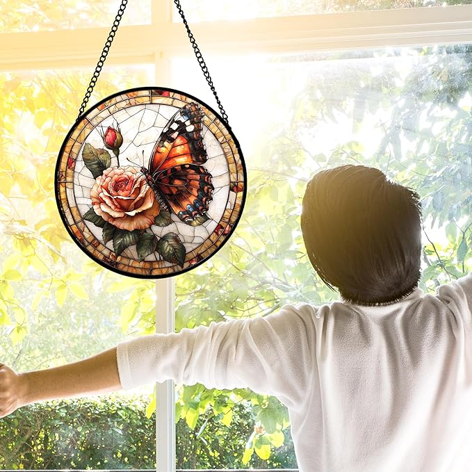 Stained Glass Window Hanging, Butterfly Picking Flowers Suncatcher for Doors Home Sun Catchers Decoration and Christmas, Mother's Day Birthday Gifts for Women, Men, and Mom 6.3 in