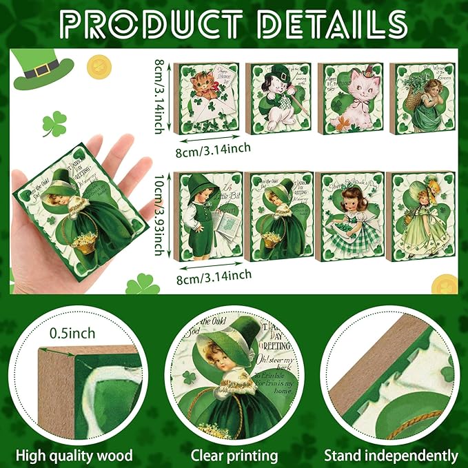 Wenqik 8 Pcs Vintage St. Patrick's Day Decorations Happy St Patrick Table Centerpieces Wooden Retro Table Ornaments St. Patrick's Day Tiered Tray Decor for Irish Home Tabletop Party Supplies, 8 Styles