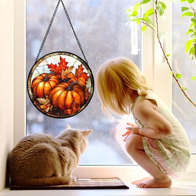 Stained Glass Window Hanging, Pumpkin Maple Leaf Suncatcher for Doors Home Sun Catchers Decoration and Christmas, Mother's Day Birthday Gifts for Women, Men, and Mom 11.8x11.8 in