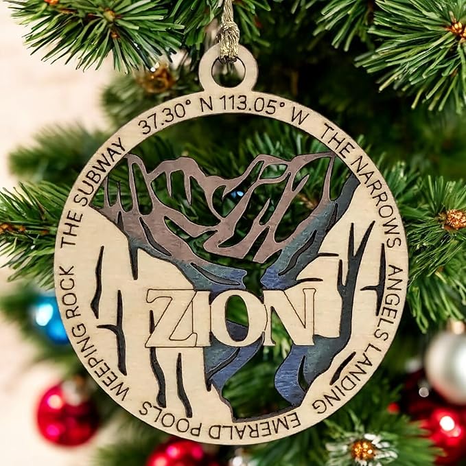 Zion National Park Natural Wood Ornament - 3" Laser Cut, 2 Layer Design, Handmade USA, Christmas Tree Decor, Scenic Landscape Souvenir