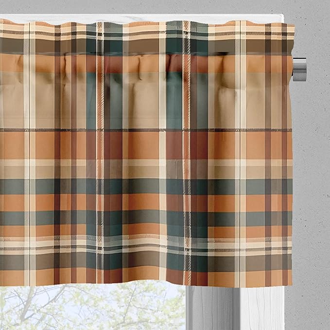 Ambesonne Botanical Valance & Tier Curtain 3 pcs Set, Rustic Plaid Tartan Squares and Meadow Blossoms Gentle Floral Bouquets, Window Treatments for Kitchen Room Decor, 55" x 45", Orange Tan Grey Teal