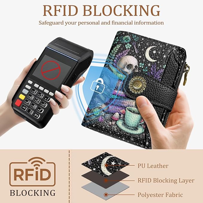 Goth Gothic Skull Small Wallet Women RFID Blocking Bifold, Credit Card Holder, Zipper Coin Pocket, PU Leather, Funny Witchy, Compact, Travel, 4 ID Window 14 Card Slots, Cash Purse, Ladies Woman