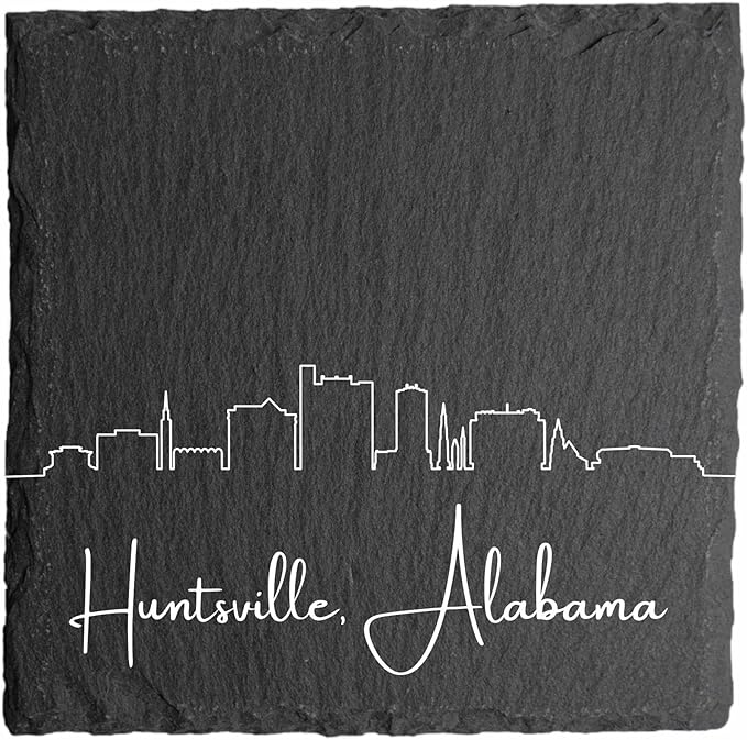 Blue Ridge Mountain Gifts - Huntsville AL Skyline Coasters, Set of 4 - Huntsville Alabama Souvenir, Slate Coasters with Minimalist Skyline, Housewarming Gift for Friends, Family, & Neighbors