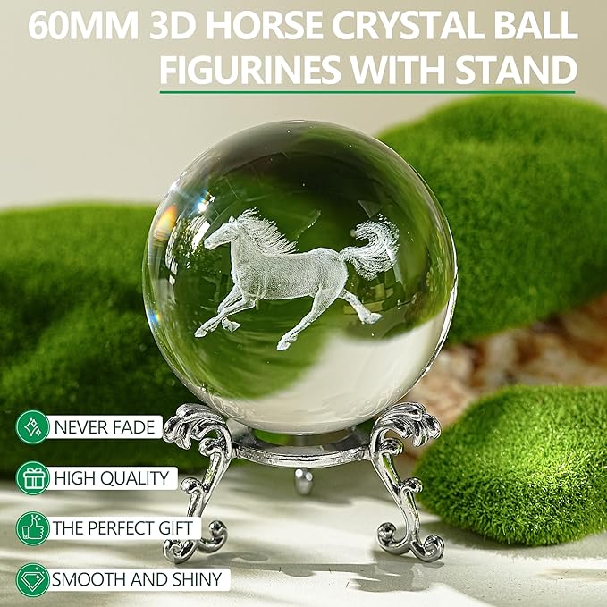 ZEERSHEE 60mm 3D Horse Crystal Ball Figurines with Stand Chinese Zodiac Glass Ball Feng Shui Sphere Home Table Decor