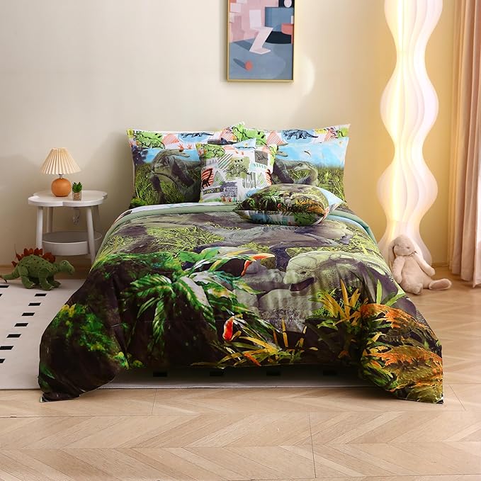 Queen Size Dinosaur Bedding Set for Kids - 9Pcs 3D Comforter Bed in A Bag for Teens Bedroom - 1 Comforter, 4 Pillowcases, 1 Flat Sheet, 1 Fitted Sheet, 2 Throw Pillow Cases