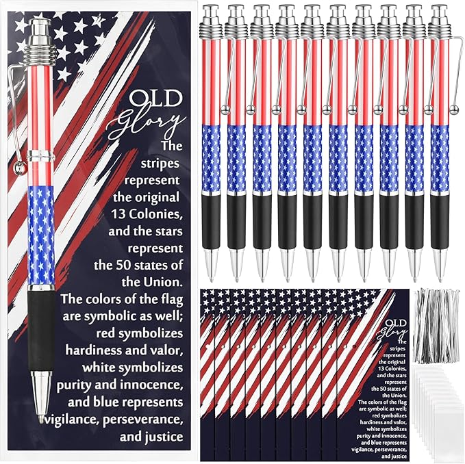 10 Sets American Flag Ballpoint Pens Bulk USA Patriotic Themed Black Ink Retractable Pen Stars Stripes Bookmarks Stationery Easter Party Gifts for Home Office Army Veterans Souvenirs