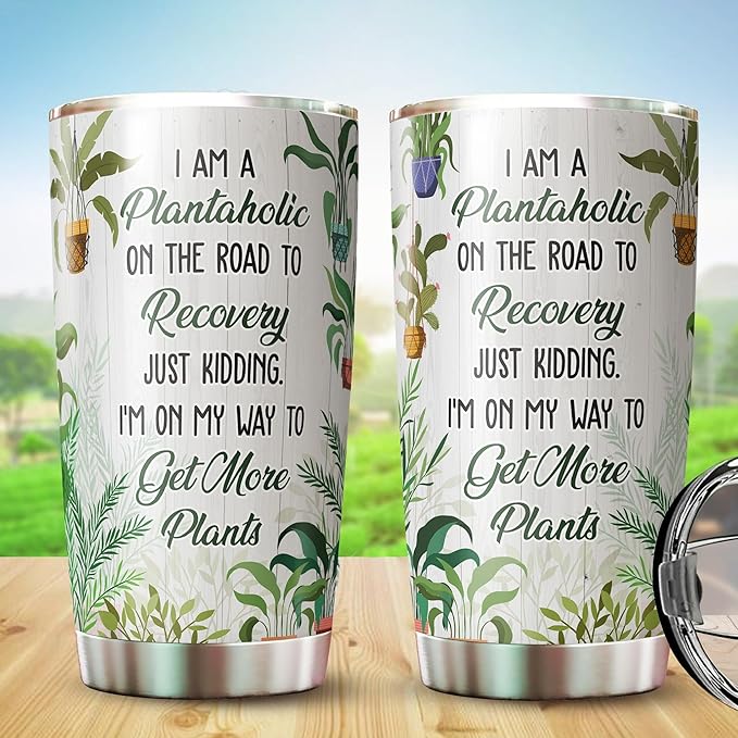 Plant Lover Stainless Steel Tumbler, 20 oz, Insulated, with Sliding Lid - Gifts for Gardeners, Plantaholic, Cactus Coffee Cup, Holiday Theme