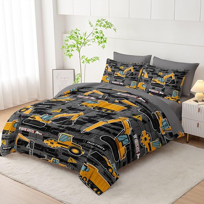7Pcs Truck Comforter Set Engineering Vehicle Printed Bedding Set with 1 Comforter, 1 Flat Sheet, 1 Fitted Sheet and 4 Pillowcases for Boys and Girls Bedroom All Season(Twin)