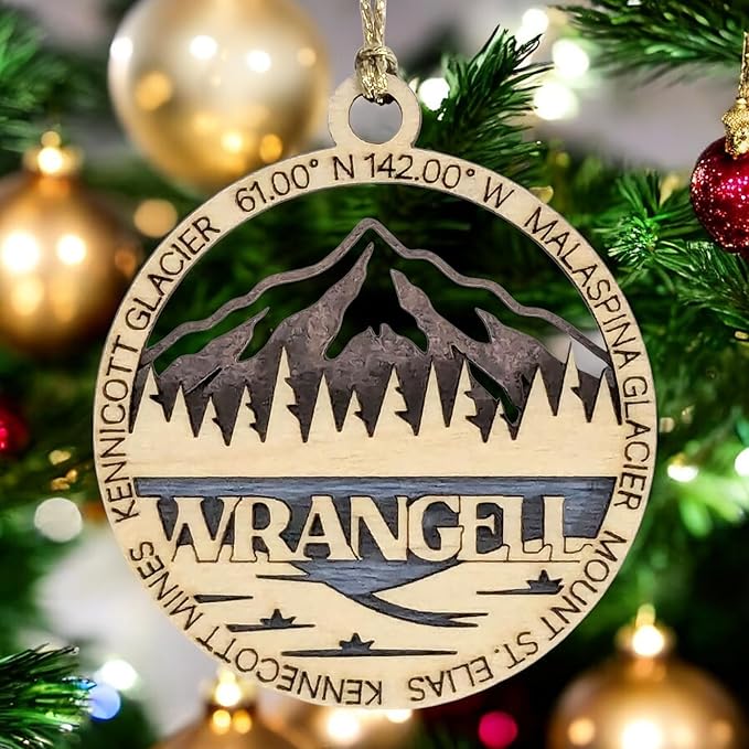Wrangell National Park 3" Wood Ornament - Laser Cut Alaska Scene with Malaspina Glacier - Handmade Decor Made in USA