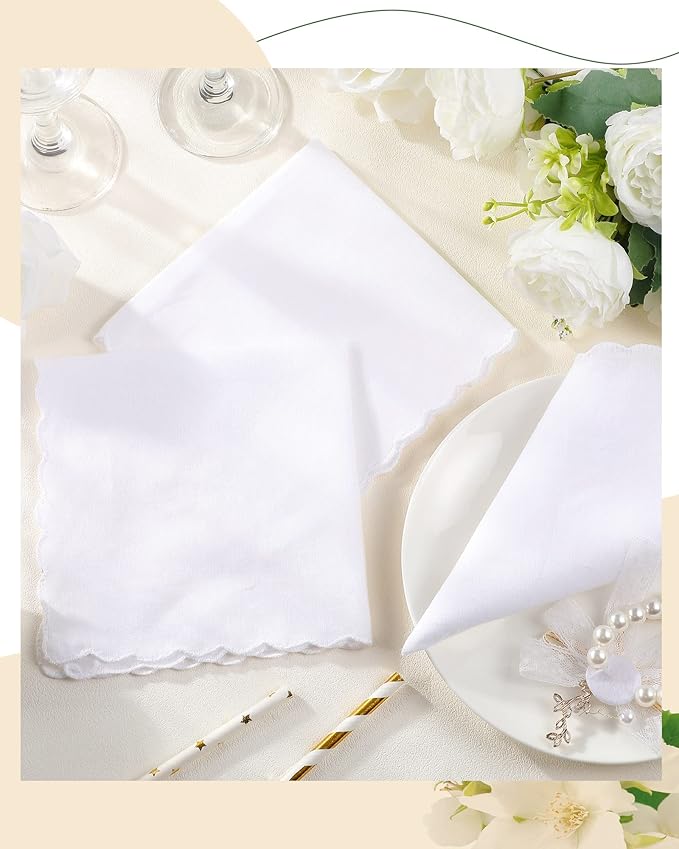 Kinlop Scalloped White Handkerchiefs for Women Men Bulk Cotton Hankies Pocket for Shower Gift Wedding Party Favor