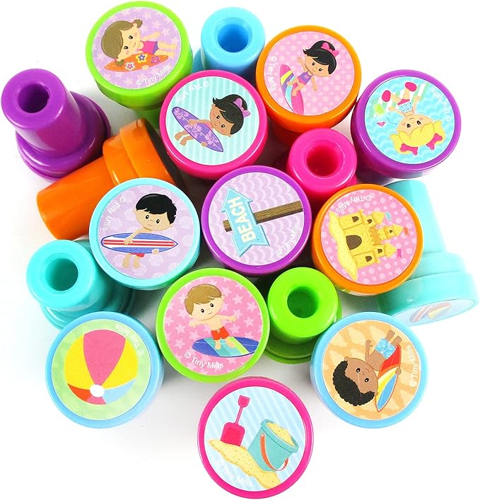 TINYMILLS 24 Pcs Summer Beach Pool Party Stamp for Kids Party Favors Pinata Fillers Carnival Prizes Camp Classroom Rewards