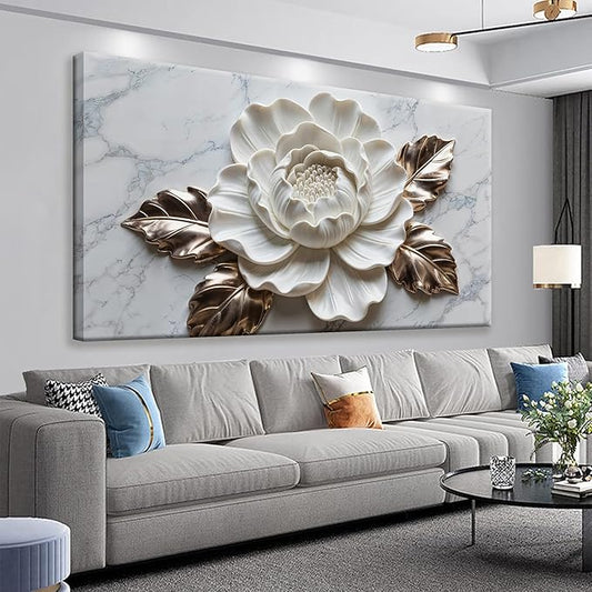 Suconvng Wall Art Living Room Marble Texture Wall Art Modern White Flower Canvas Art Wall Decor Home Wall Decor Suitable Pictures For Bedroom Apartment Office Can Be Hung 24" × 48"