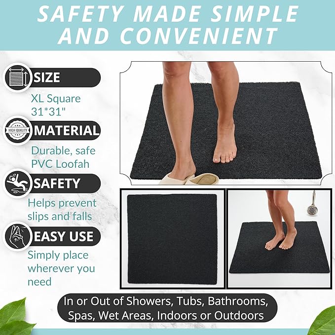 ENKOSI Square Shower Mat - Non Slip Shower Mats for Inside Shower - Extra Large 31x31 Shower Floor Mat Non Slip - Square Bath Mat for Shower - Secure Anti Slip Loofah Shower Bath Mat (31x31 Black)