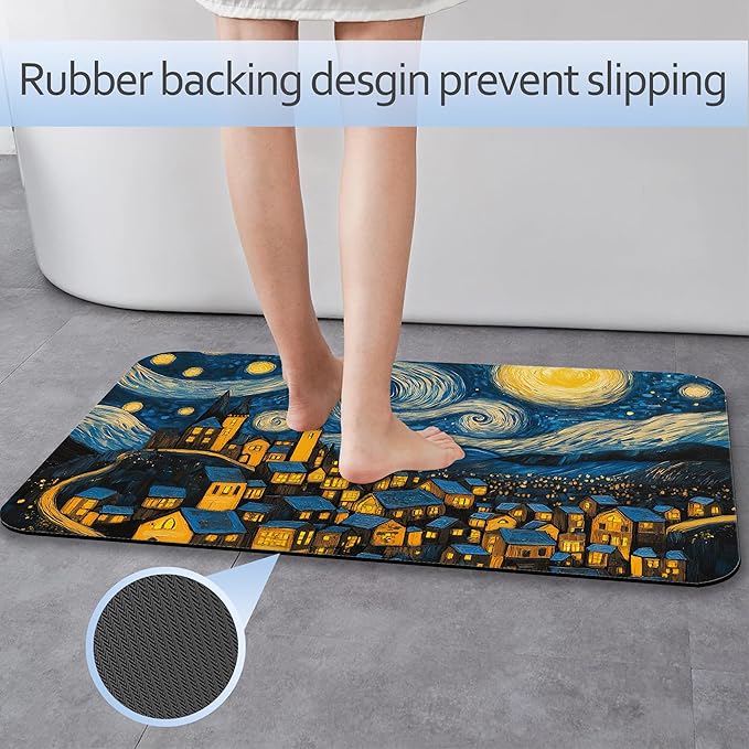 Bathroom Rug 29.5"x17",Night Sky Village Bath Mat with Non-Slip Rubber Backing, Quick-Drying Absorbent Thin Floor Mat for Bathroom, Shower, Sink, or Kitchen